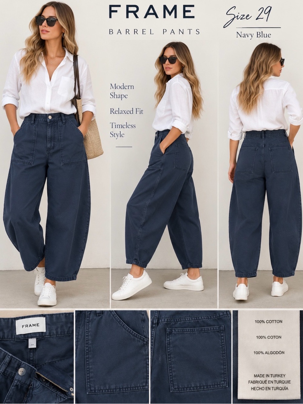 Frame Denim Navy Wide-Leg Barrel Pants